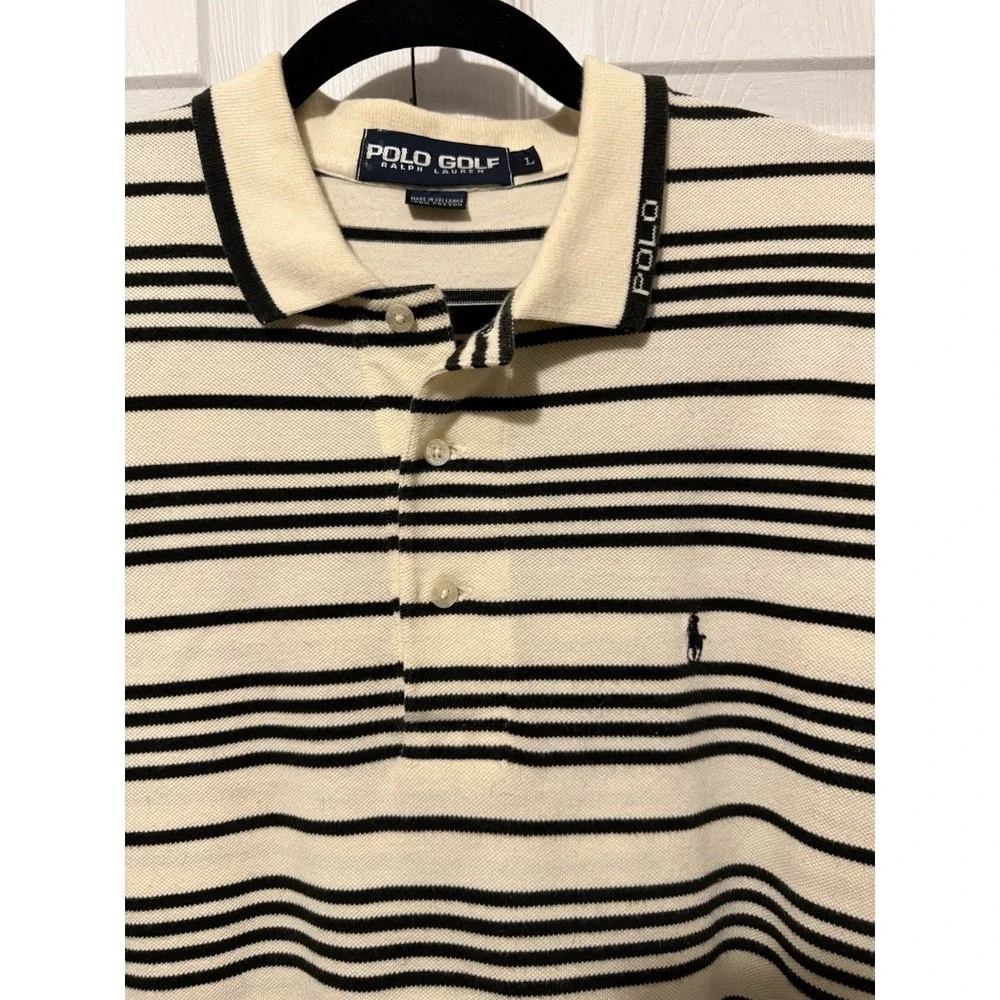 Vintage Polo Golf Ralph Lauren Mens L Cream Black Striped Cotton Polo Shirt